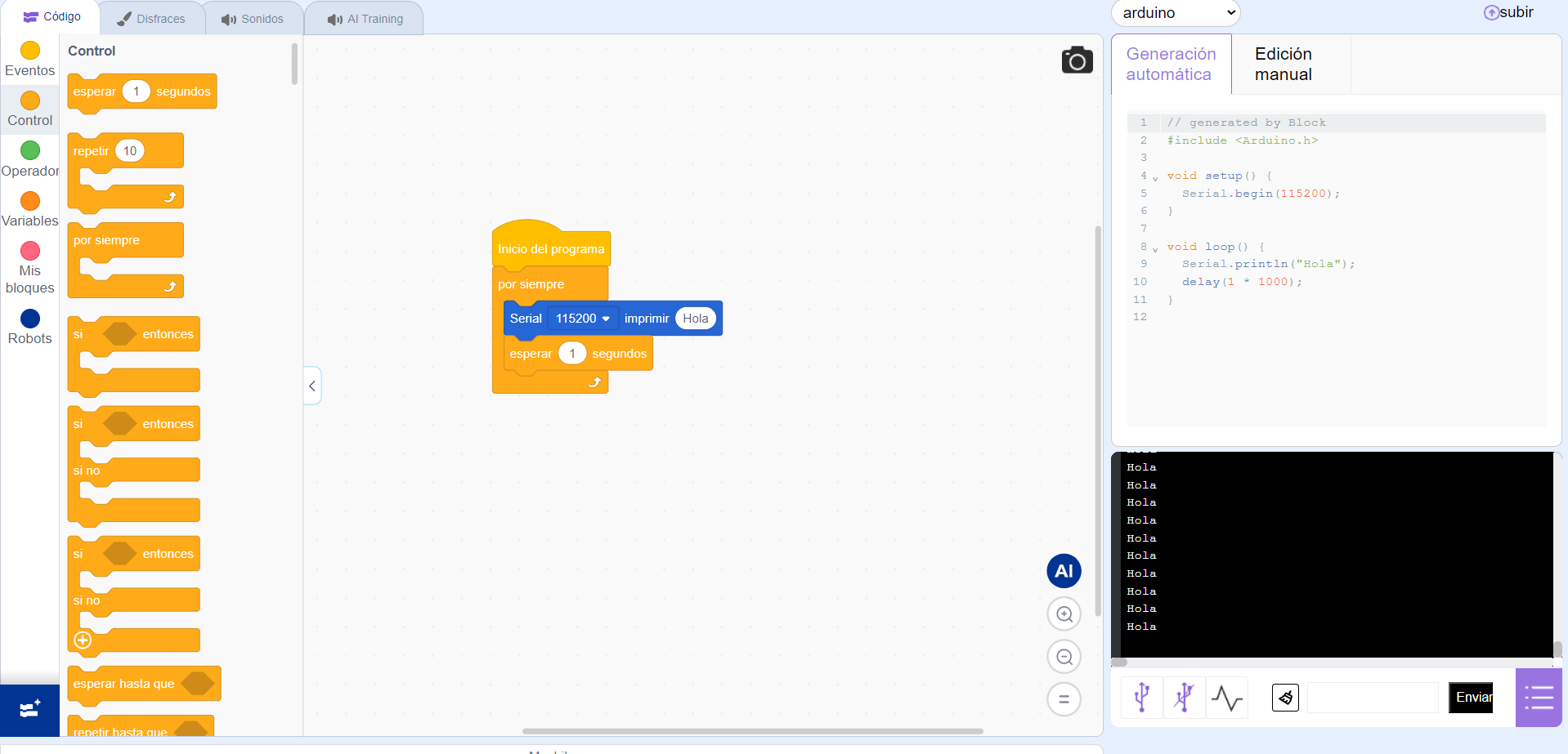 Captura de ACECode con los bloques por siempre, Serial imprimir Hola y esperar 1 segundos, el código generado y el puerto serie mostrando Hola