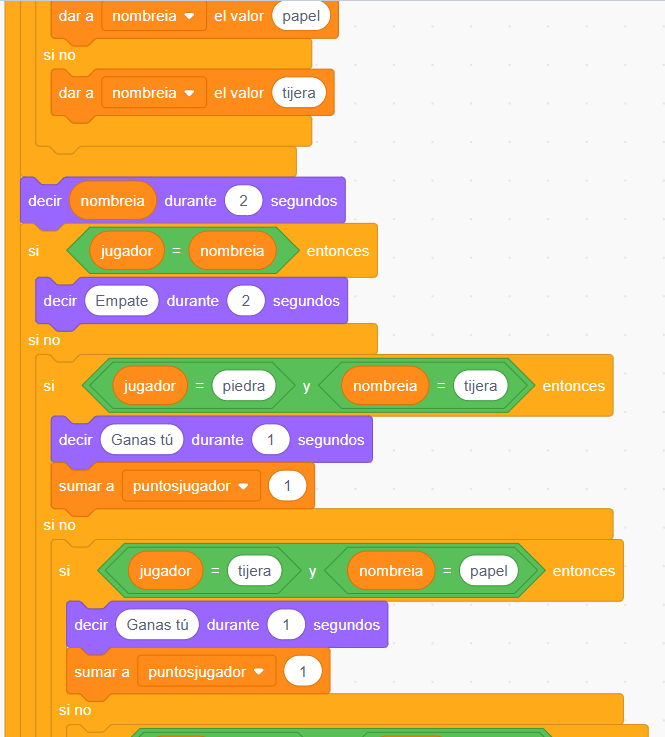 Bloques de Scratch: elección aleatoria de la IA y comprobación del empate.