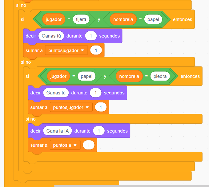 Bloques de Scratch: combinaciones que ganan el jugador y caso en que gana la IA.