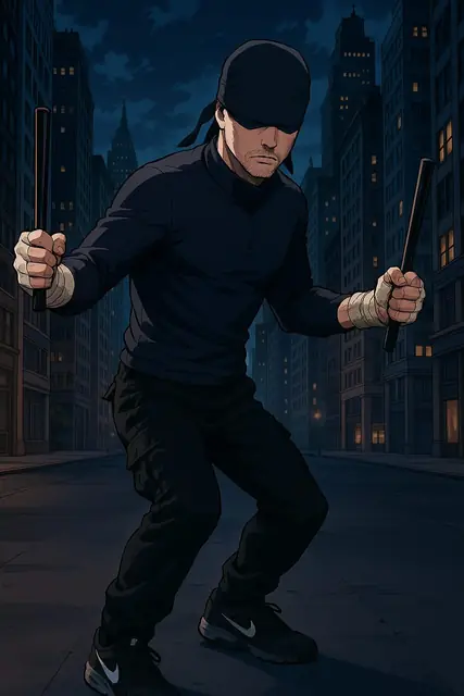 Ilustración de un personaje con los ojos vendados y un bastón en una ciudad nocturna
