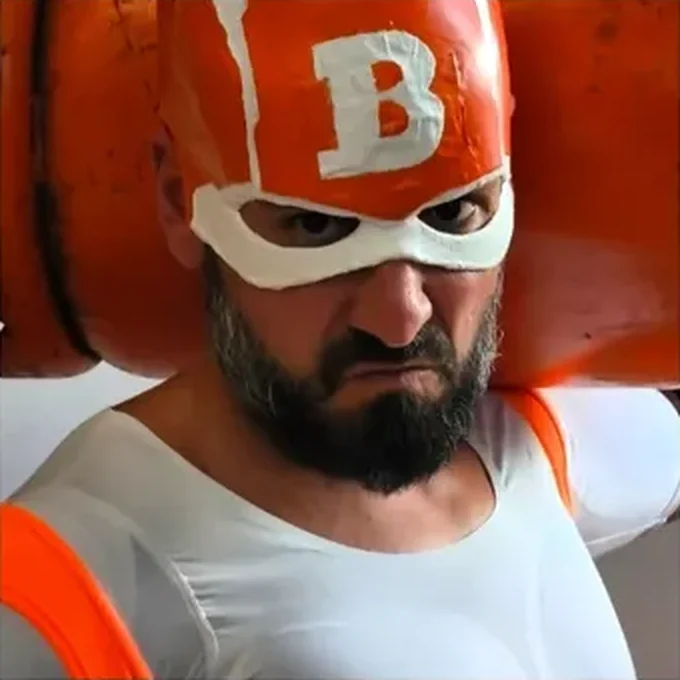 Butan-Hero, con casco naranja y una bombona de butano al hombro