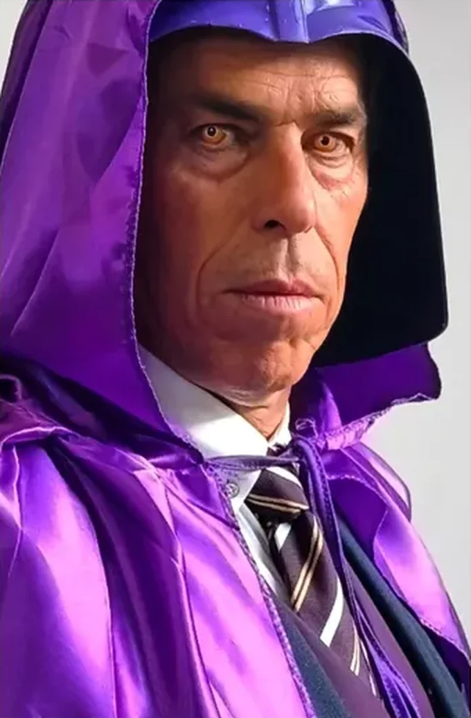 Doctor Mente, con capa y capucha moradas