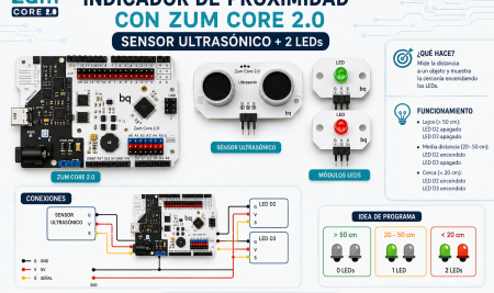 Indicador de proximidad con sensor ultrasónico y LEDs utilizando la ZUM Core 2.0, con Arduino IDE y C++