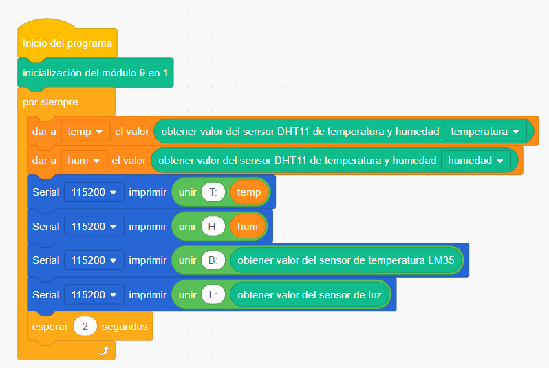 Programa de ACECode para la estación meteorológica ESP32: lee el DHT11, el LM35 y el sensor de luz y escribe T, H, B y L por el puerto serie