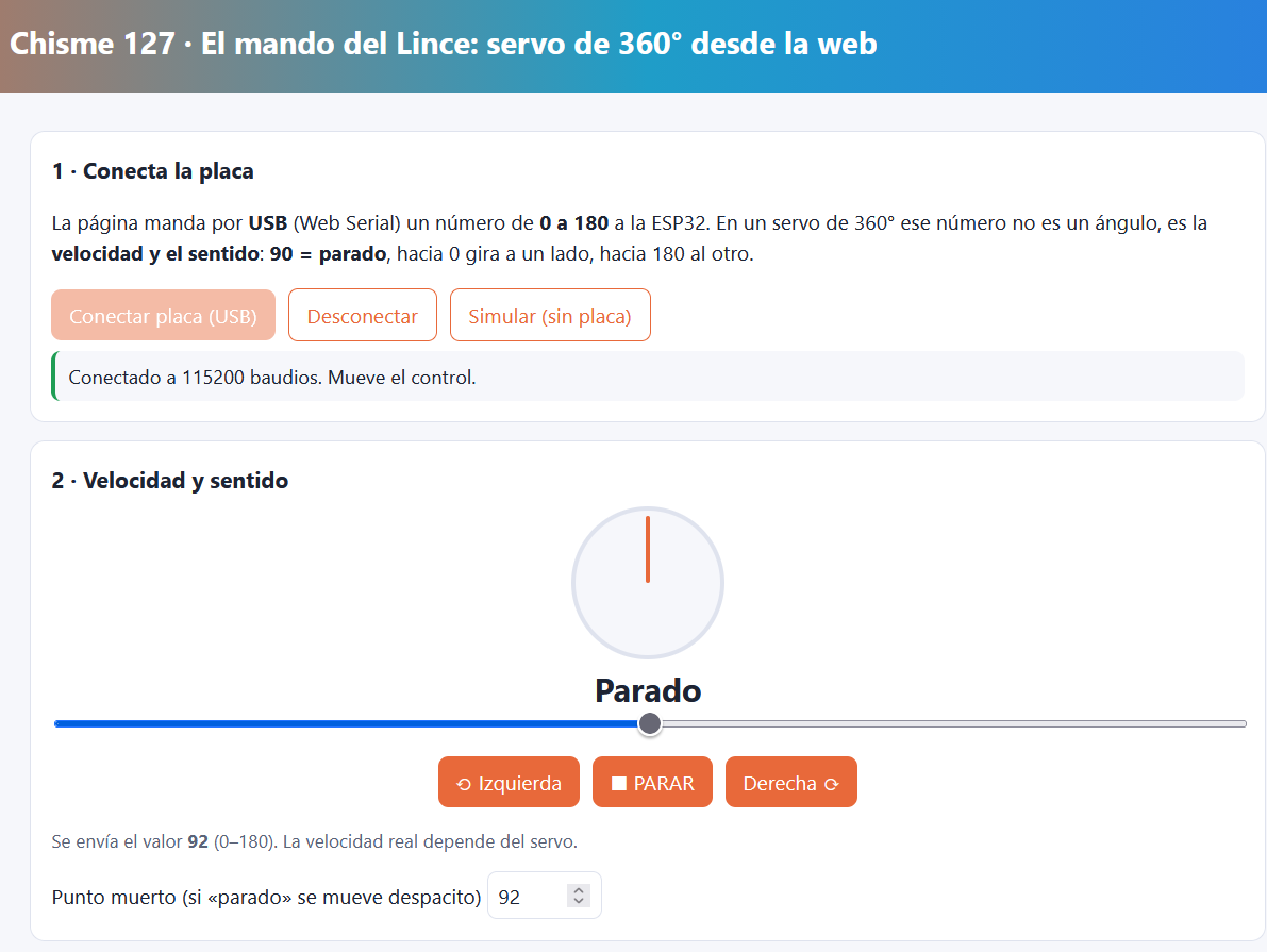 Página web del mando del Lince conectada a la placa: dial de velocidad, deslizador y botones para el servo 360 ESP32
