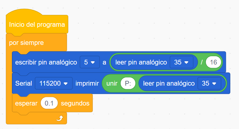 programa final: el potenciómetro regula el brillo del LED de 3 W en ACECode