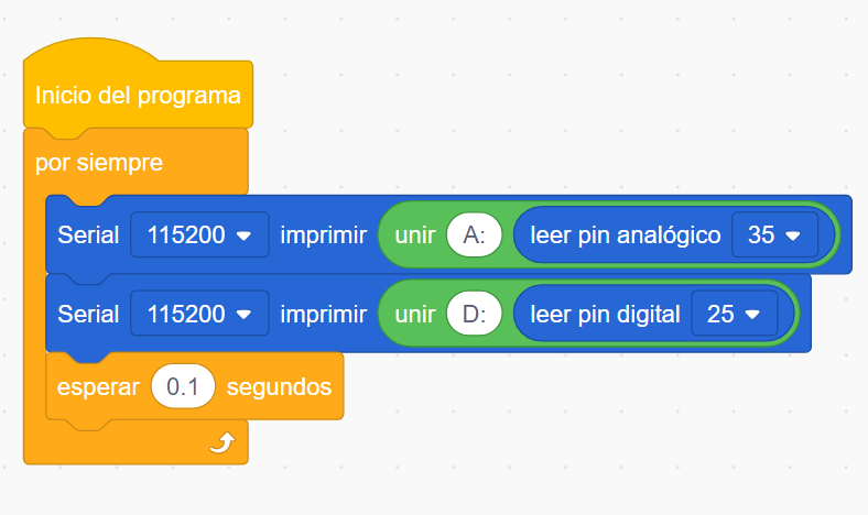programa de prueba del sensor de vibración con lectura analógica y digital en ACECode