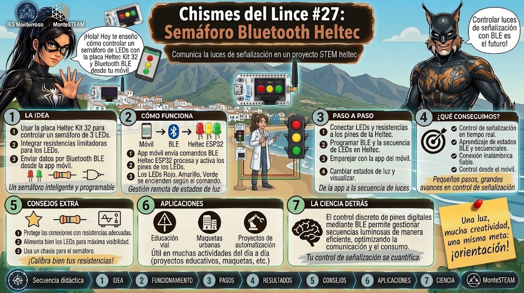 Infografía didáctica perteneciente a la serie "Chismes del Lince #27" titulada "Semáforo Bluetooth Heltec". Muestra el procedimiento en 7 secciones para conectar un semáforo de tres LEDs a la placa Heltec Kit 32 y conmutar sus luces inalámbricamente vía Bluetooth BLE desde una aplicación móvil. La composición incluye a los personajes superheroicos Araknia y El Lince junto a una ingeniera STEM con bata de laboratorio trabajando sobre un fondo ilustrado del paisaje de Estepona y Sierra Bermeja, incorporando las identidades de IES Monterroso y MonteSTEAM