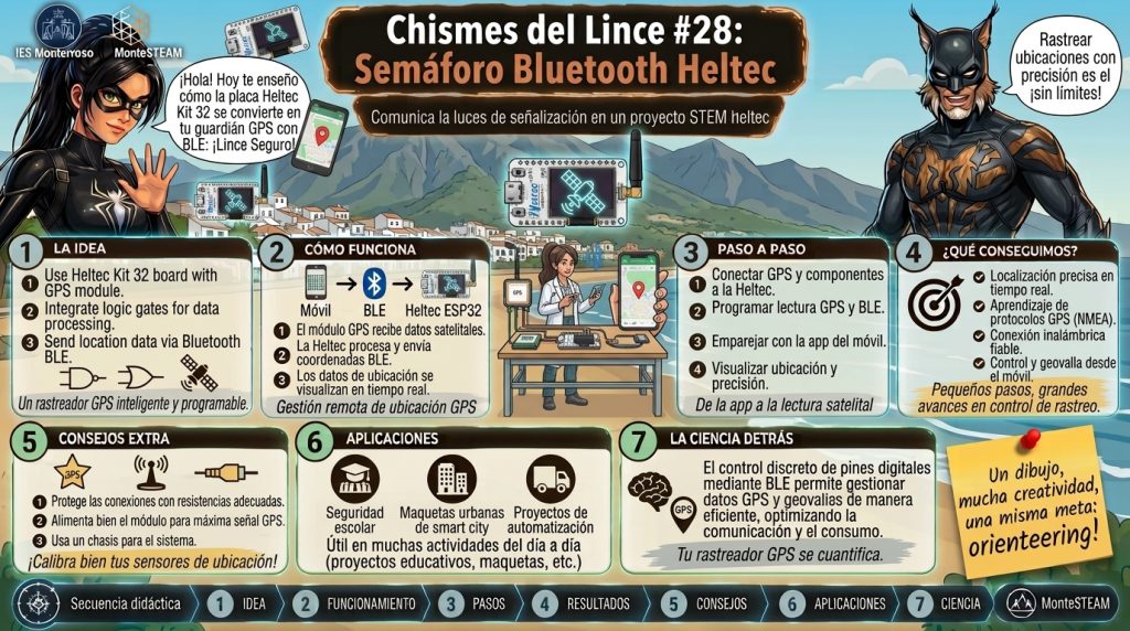 Rastreador GPS: infografía del Chisme 28, Lince Seguro, con dos placas Heltec, un GPS y un móvil con el radar