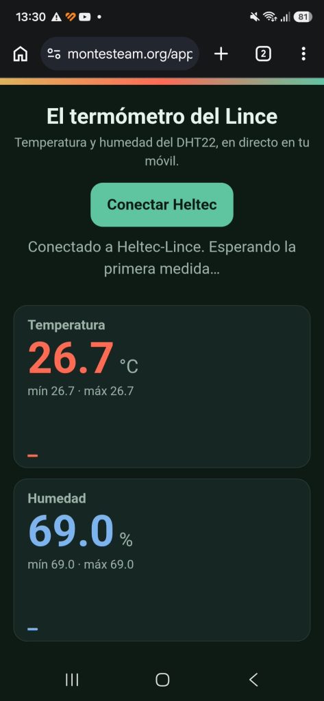 Paso 5. Conecta y mira las medidas
En el móvil, con Bluetooth y ubicación encendidos, abre la página en Chrome.
Pulsa Conectar Heltec y elige Heltec-Lince.
Tras los mensajes de «Conectando…» y «Activando notificaciones…» verás «Conectado a Heltec-Lince. Esperando la primera medida…».
En un par de segundos aparecen la temperatura y la humedad, y empiezan a dibujarse las gráficas.