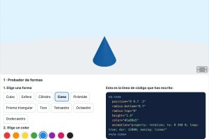 Probador de formas 3D A-Frame: un cono azul y su línea de código