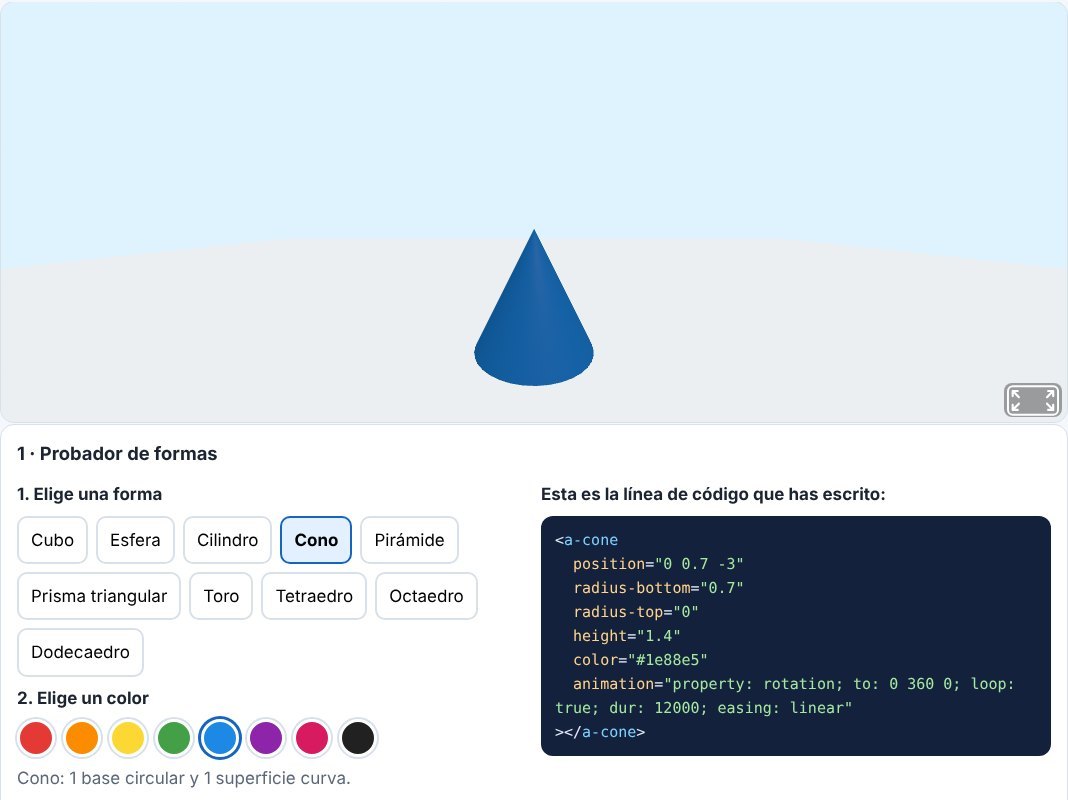 Probador de formas 3D A-Frame: un cono azul y su línea de código