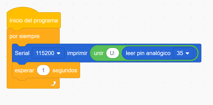 programa de prueba del sensor ultravioleta con lectura analógica en el pin 35 en ACECode
