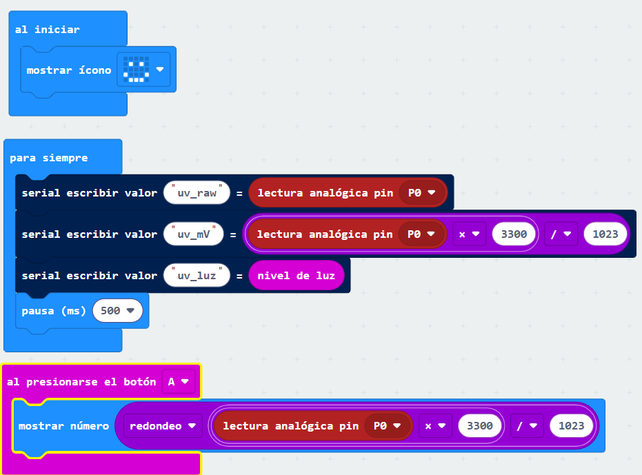 bloques de MakeCode del sensor UV con micro:bit