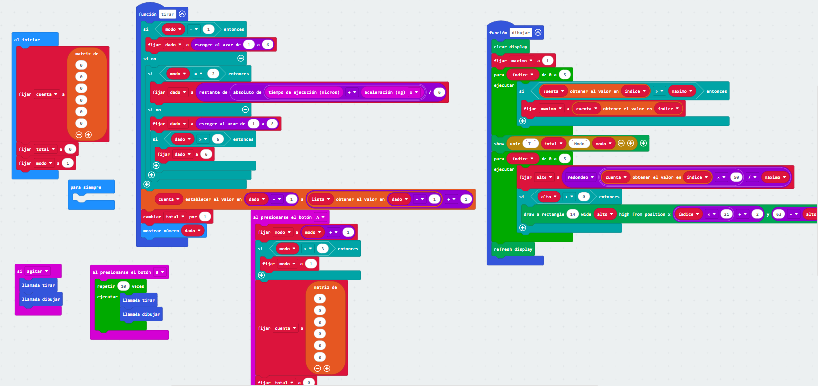 dado micro:bit: bloques de MakeCode del dado con histograma