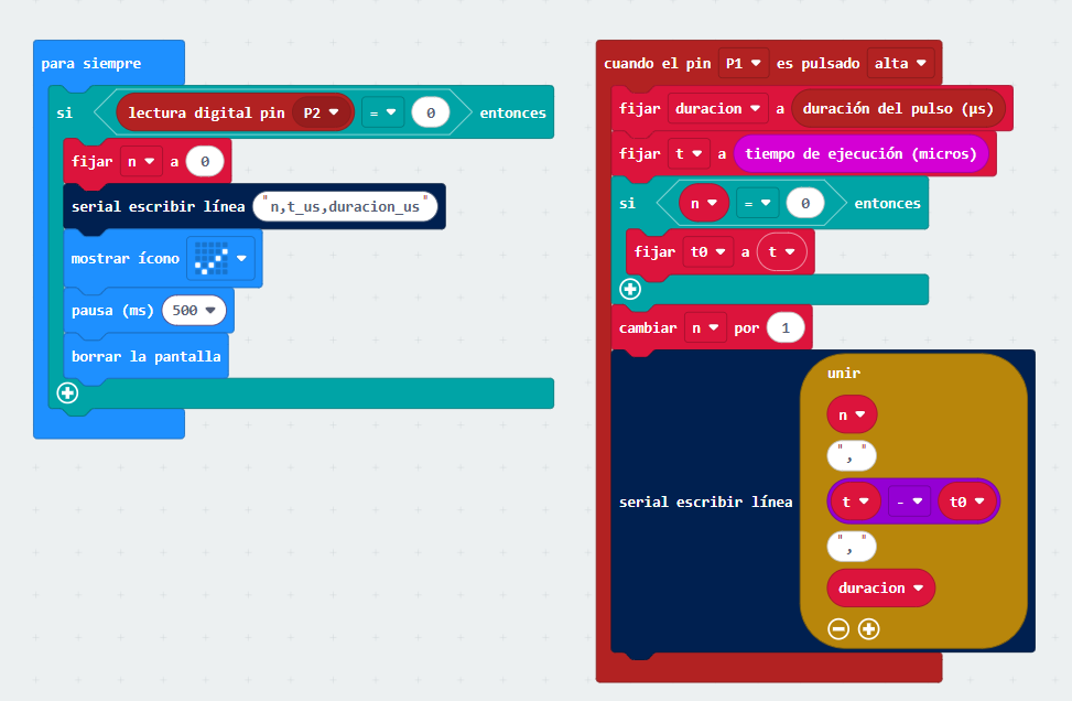 gravedad micro:bit: bloques de MakeCode que cronometran cada franja con el fotointerruptor
