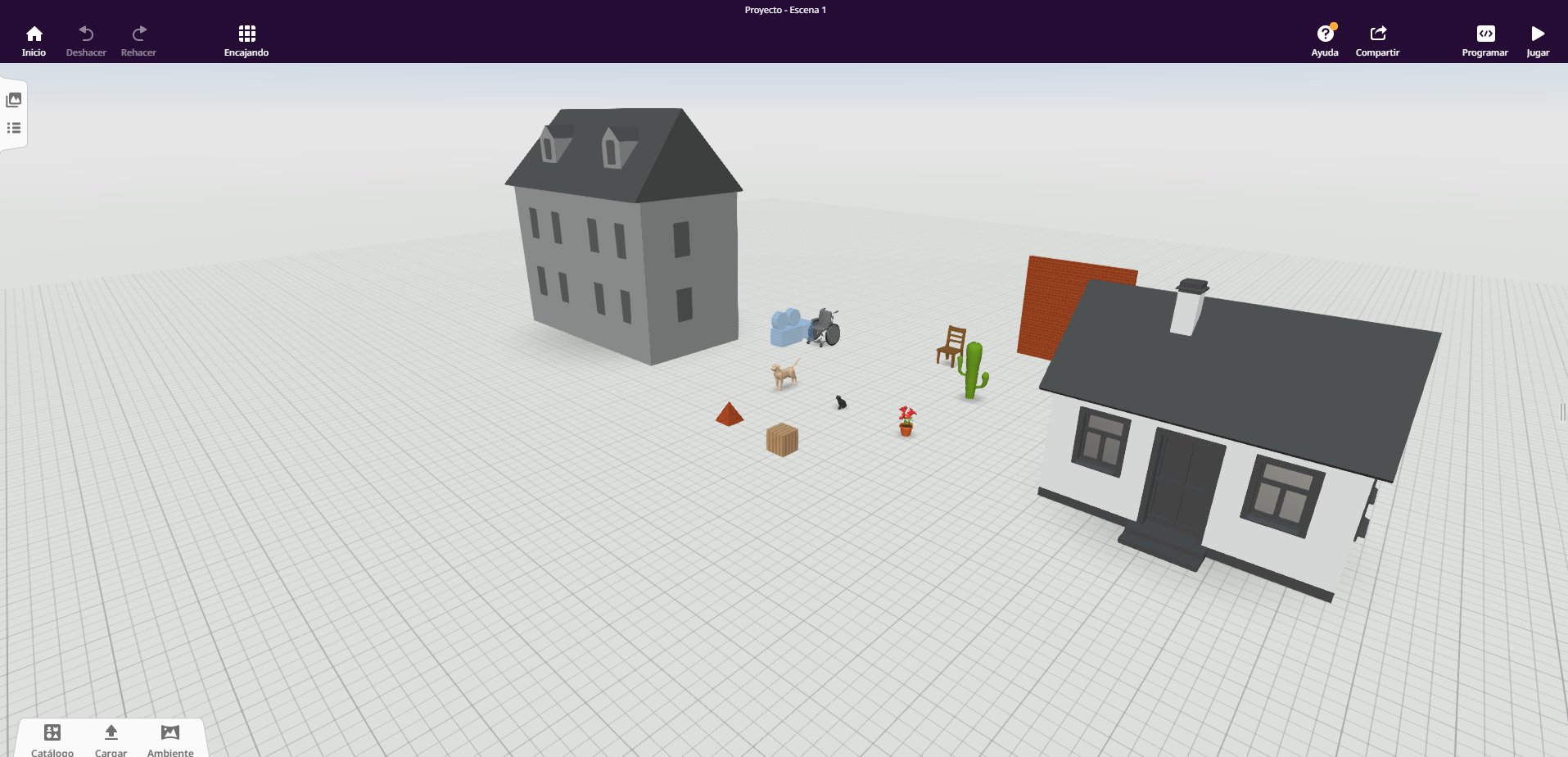 Mundo virtual Delightex con dos casas, un perro, un gato, un cactus y otros objetos sobre una cuadrícula