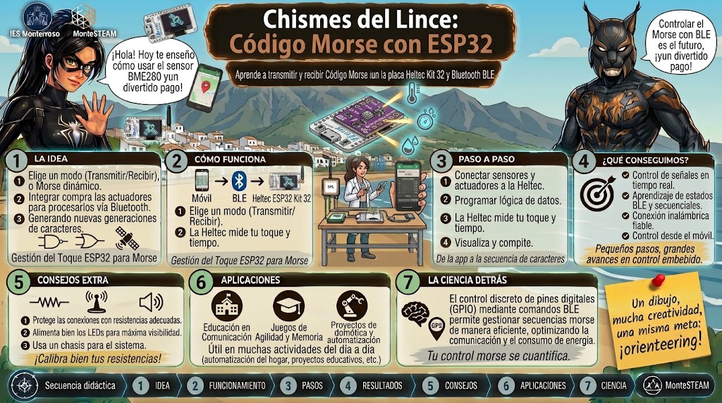 Morse con ESP32: placa Heltec con el botón de usuario y el mensaje HOLA en la pantalla