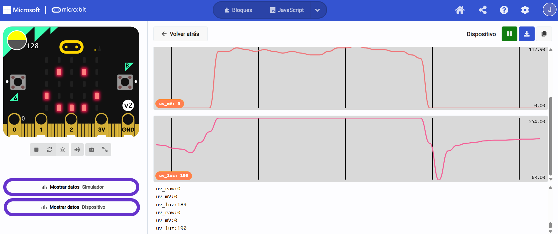 sensor UV con micro:bit: datos en Mostrar datos Dispositivo de MakeCode